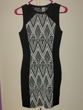 Divided Black and White Sleeveless Patterned Sheath Dress